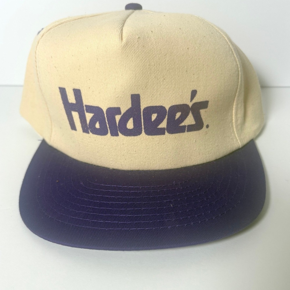 Vintage Hardees Trucker Hat Snapback Cap Cream Purple Fast Food Promo Retro Logo